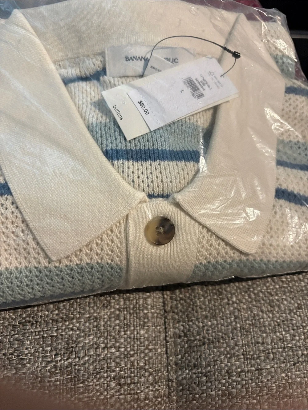 Banana Republic Cream and Light Blue Striped Knit Polo Sweater